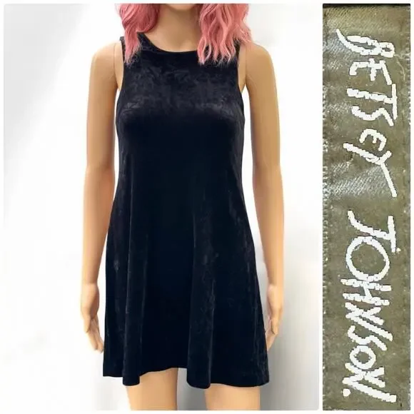 Vintage Betsey Johnson Large 1990s Black Stretch Crushed Velvet Dress Tunic Tank - Picture 1 of 13